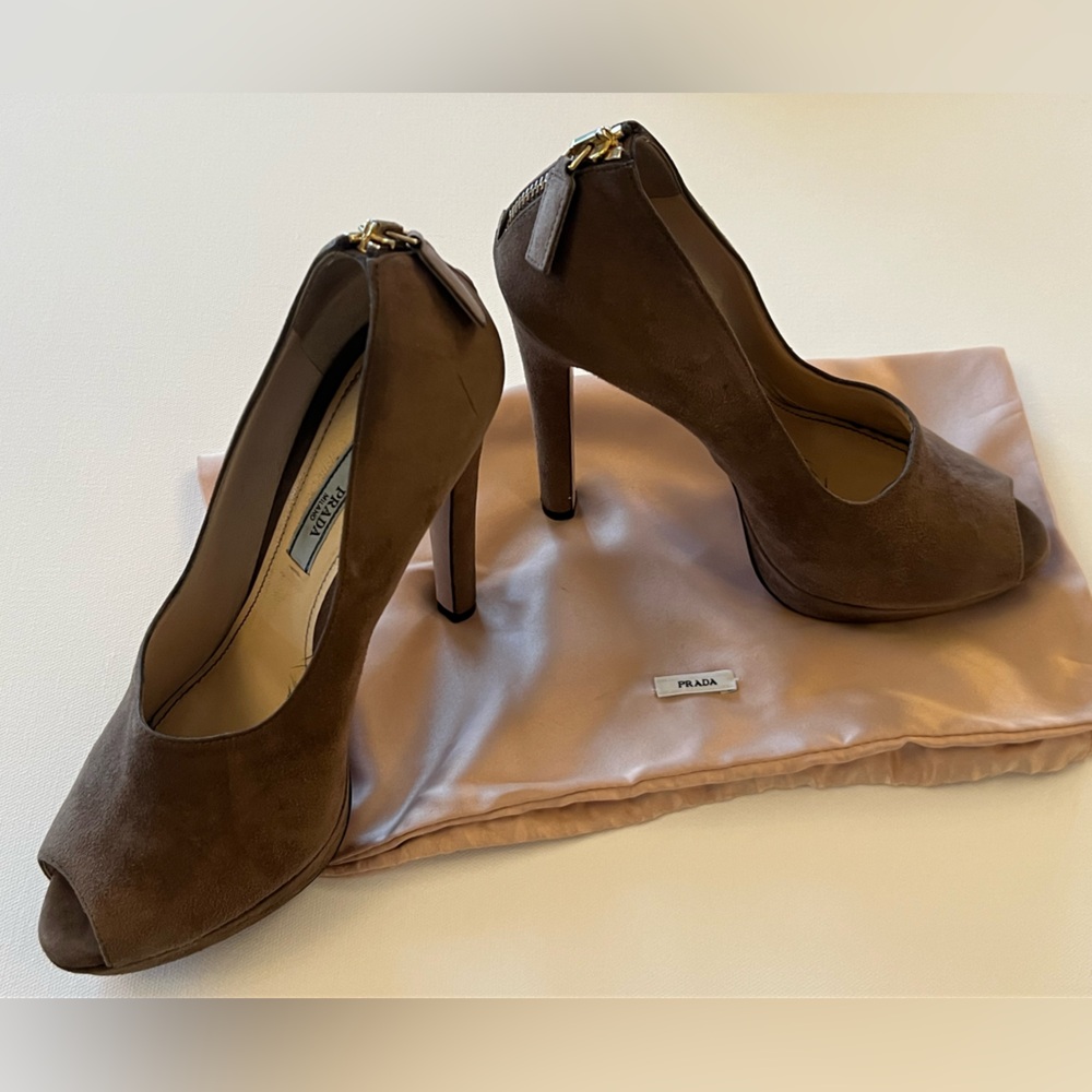 Prada Brown Suede Peep-Toe High Heels